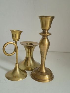 Vintage Solid Brass Candlestick Trio - Eclectic MCM & French Horn Set